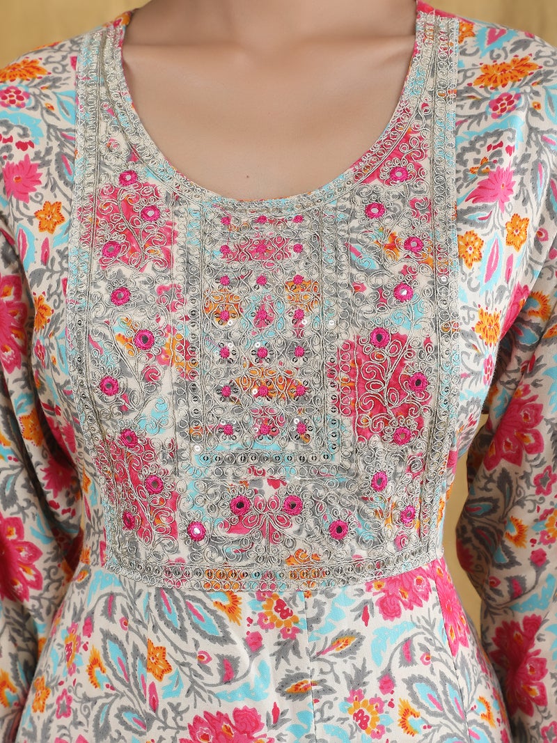 Shifory Floral Print Round Neck 3/4 Sleeve Pink Anarkali Kurti for Women - Image 3